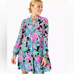 Lilly Pulitzer Winona Stretch Dress in Floral Blue Pink Black Size Extra Small